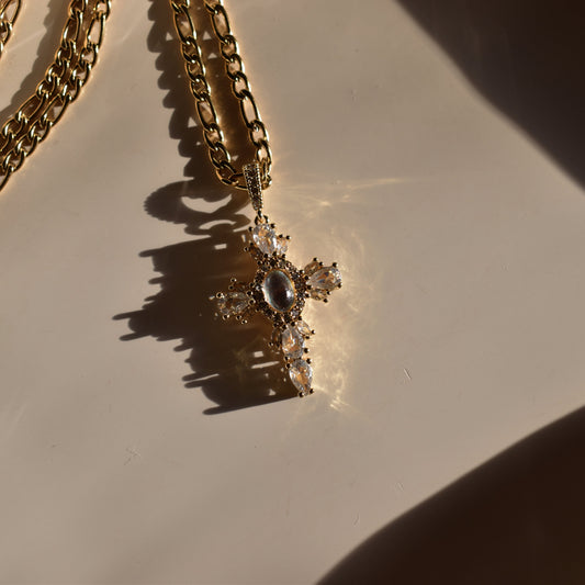 Divine Light Moonstone Cross Necklace – 24K Gold Pendant with CZ