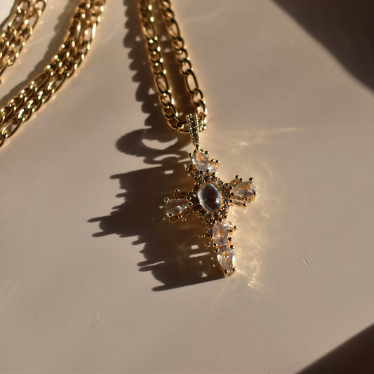Divine Light Moonstone Cross Necklace – 24K Gold Pendant with CZ